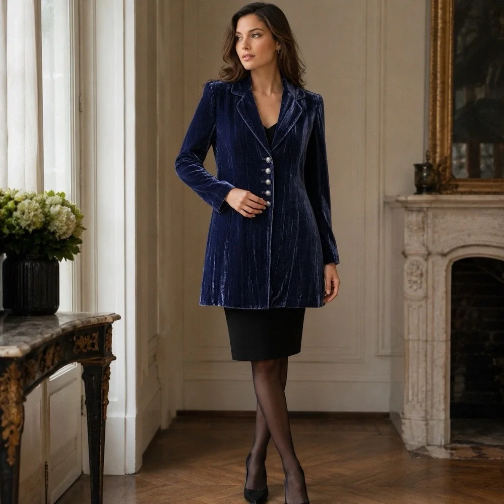 J Jill Navy Velvet Long Blazer Jacket XS Silk Blend